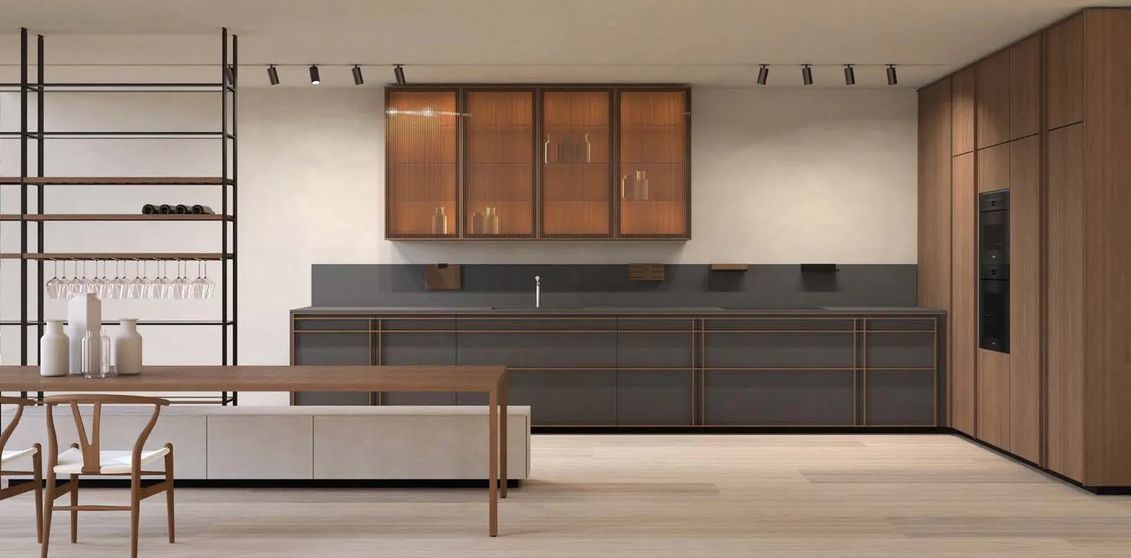 Grande cuisine en bois avec vitrines et table, cuisine haut de gamme Edvige Natali
