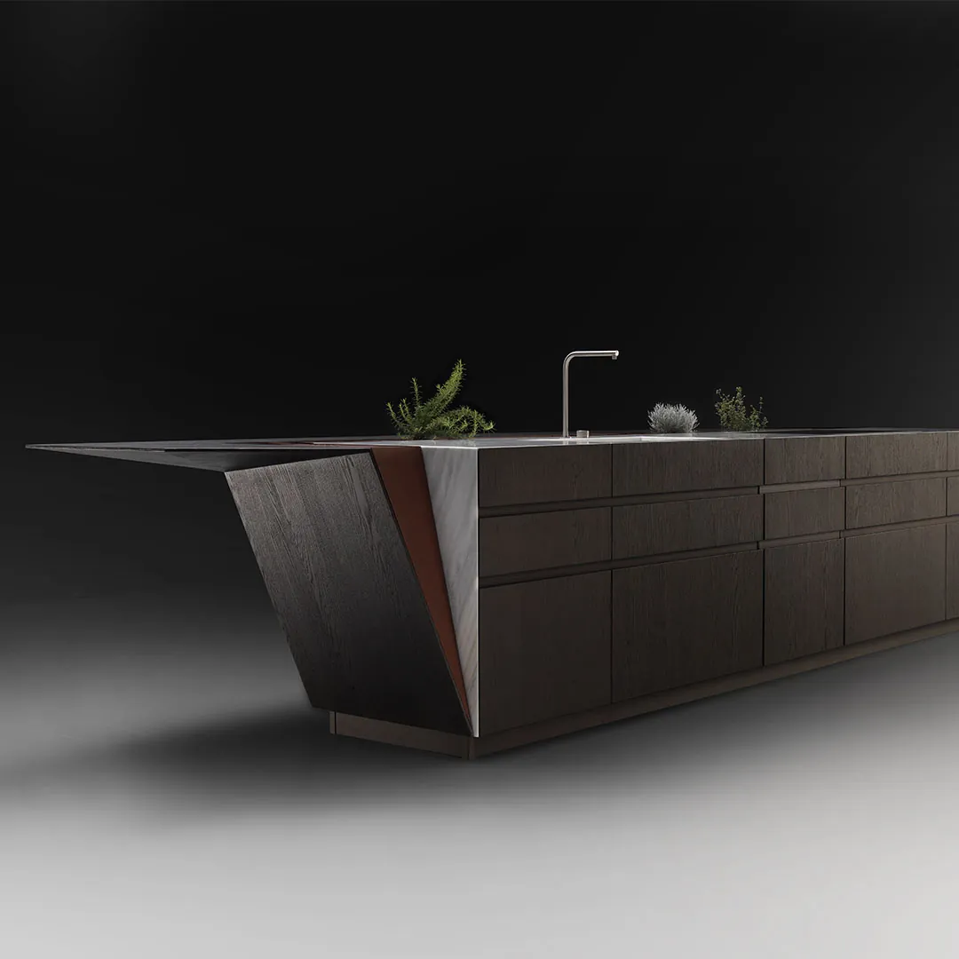 Îlot sculptural en bois sombre, cuisine haut de gamme Edvige Natali